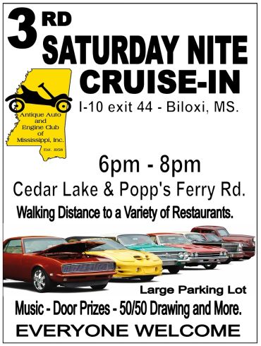 Flyer for Antique Auto and Engine Club of Mississippi Saturday Nite Cruise-In