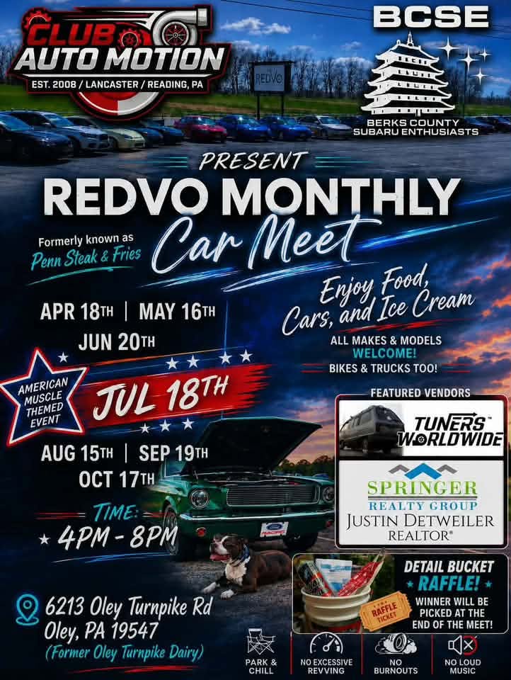 Flyer for Auto Motion Club & Berks County Subaru Enthusiasts REDVO Monthly Car Meet