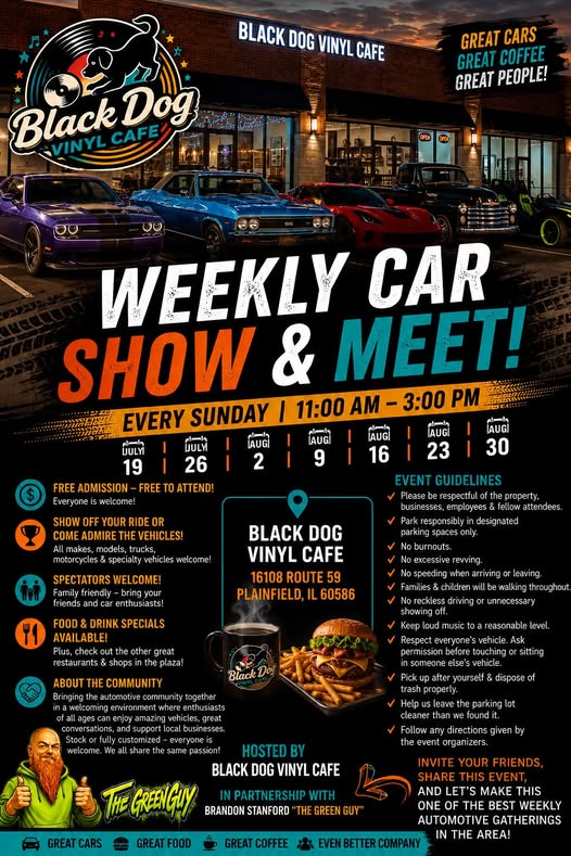 Flyer for Black Dog Vinyl Cafe Weekly Car Show & Meet