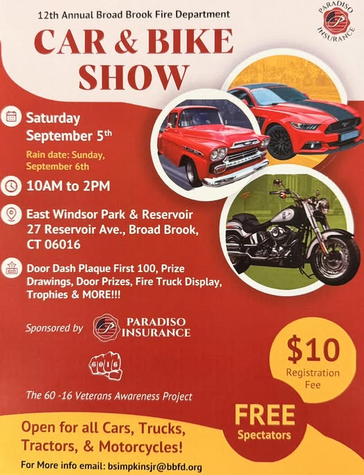 Flyer for Broad Brook Fire Department 12th Annual Car & Bike Show