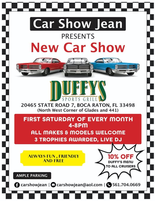 Flyer for Car Show Jean at Duffy’s Sports Grill Monthly Car Show
