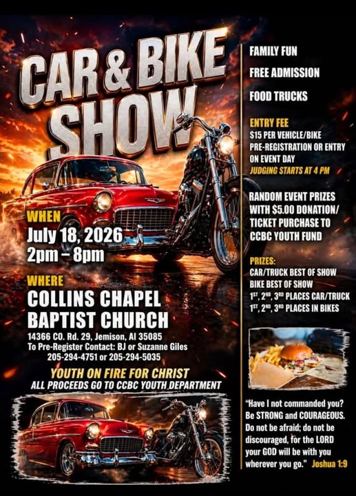 Flyer for Collins Chapel Baptist Church Youth on Fire for Christ Car & Bike Show