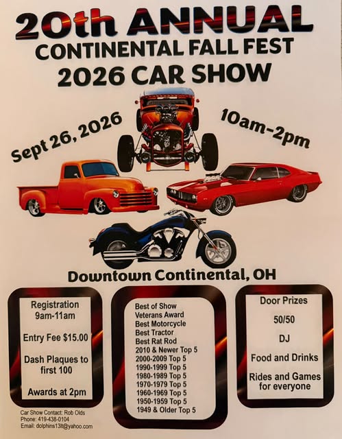 Flyer for Continental Fall Fest 20th Annual Car Show