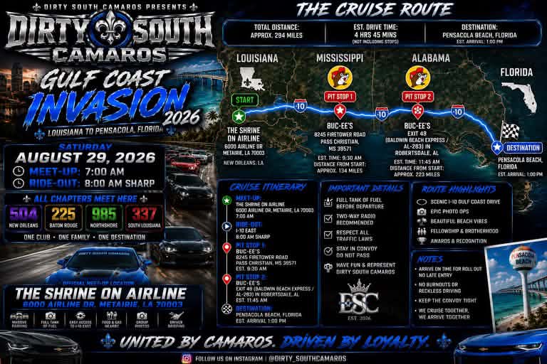 Flyer for Dirty South Camaros Gulf Coast Invasion