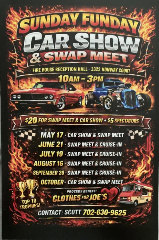 Flyer for Fire House Reception Hall Sunday Funday Car Show & Swap Meet