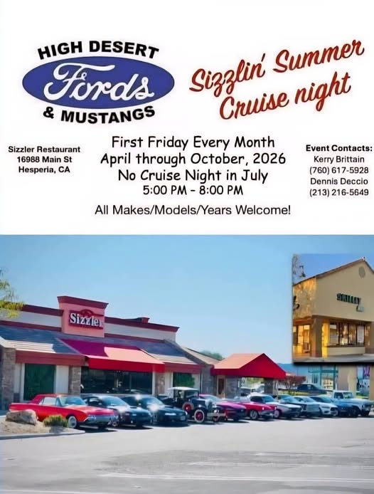 Flyer for High Desert Fords & Mustangs Sizzlin’ Summer Cruise Night