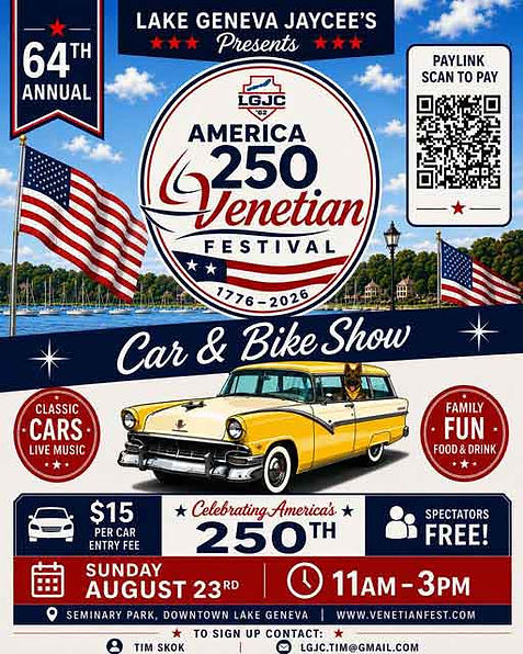 Flyer for Lake Geneva Jaycee’s 64th Annual Venetian Festival Car & Bike Show
