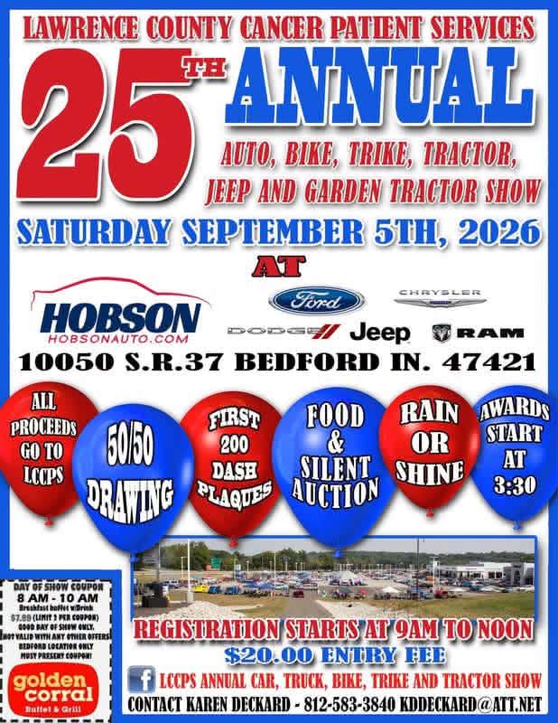 Flyer for Lawrence County Cancer Patient Services 25th Annual Auto, Bike, Trike, Tractor, Jeep and Garden Tractor Show