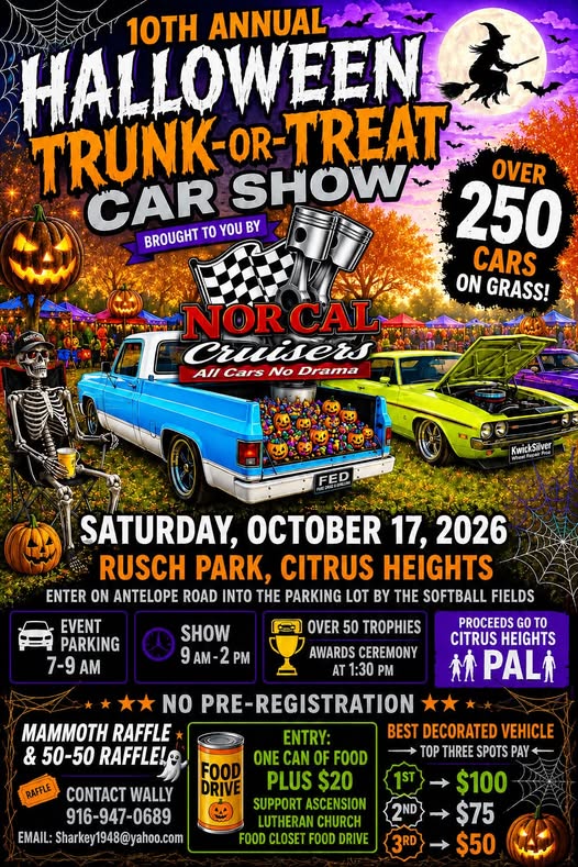 Flyer for NorCal Cruisers 10th Annual Halloween Trunk-or-Treat Car Show