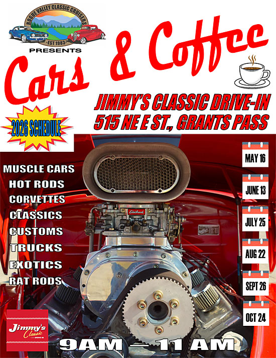 Flyer for Rogue Valley Classic Cruisers Cars & Coffee at Jimmy’s Classic Drive-In