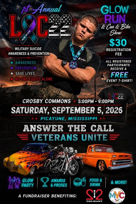 Flyer for S12 MYC 1st Annual You Are Not Alone Military Suicide Awareness & Prevention Glow Run & Car & Bike Show