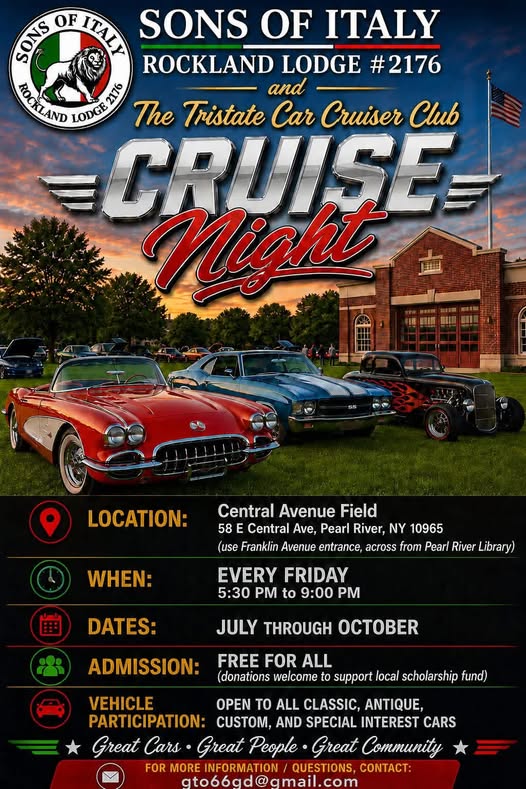 Flyer for Sons of Italy Rockland Lodge #2176 and the Tristate Car Cruiser Club Cruise Night