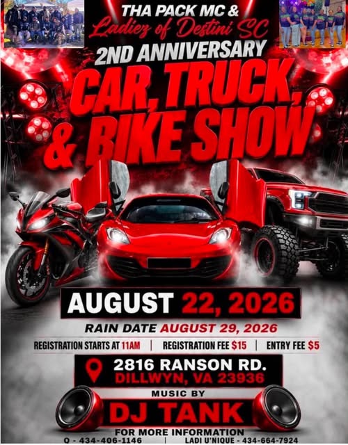 Flyer for Tha Pack MC & Ladies of Destini SC 2nd Anniversary Car, Truck & Bike Show