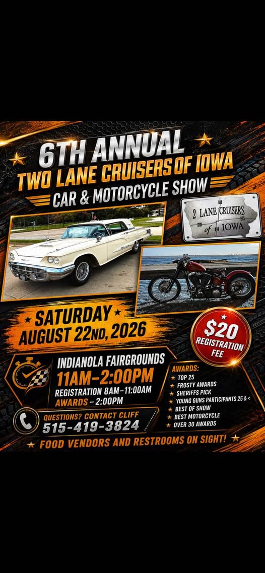 Flyer for Two Lane Cruisers of Iowa 6th Annual Car & Motorcycle Show