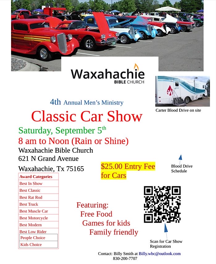 Flyer for Waxahachie Bible Church 4th Annual Men’s Ministry Classic Car Show