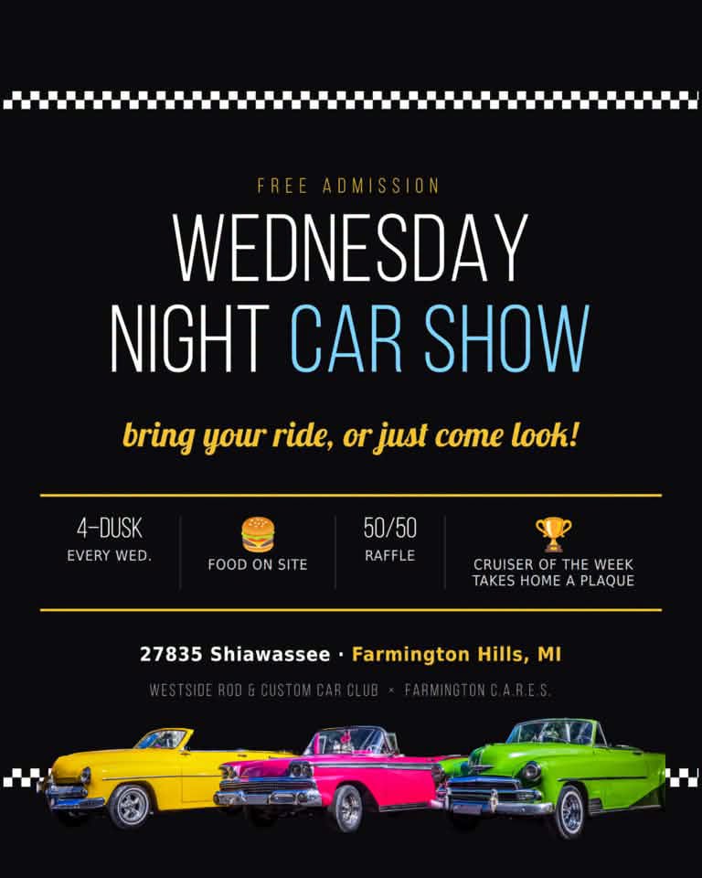 Flyer for Westside Rod & Custom Car Club Wednesday Night Car Show