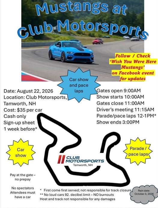 Flyer for Wish You Were Here Mustangs at Club Motorsports