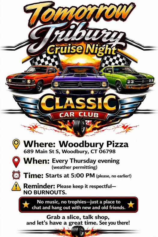 Flyer for Woodbury Pizza Classic Car Club Cruise Night