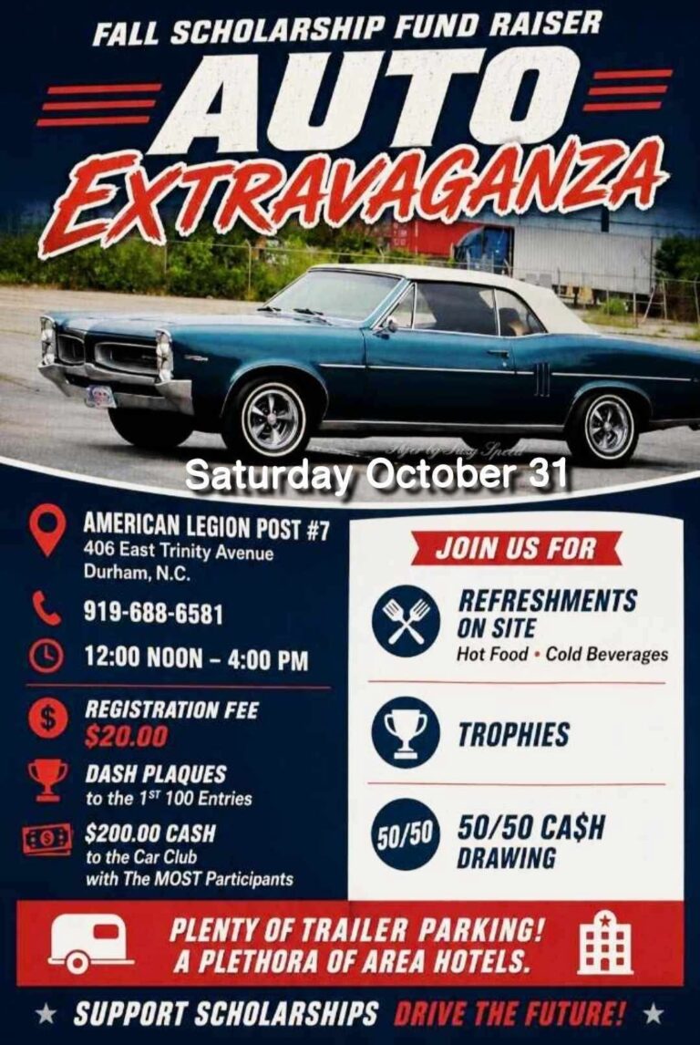 Flyer for American Legion Post #7 Fall Scholarship Fund Raiser Auto Extravaganza