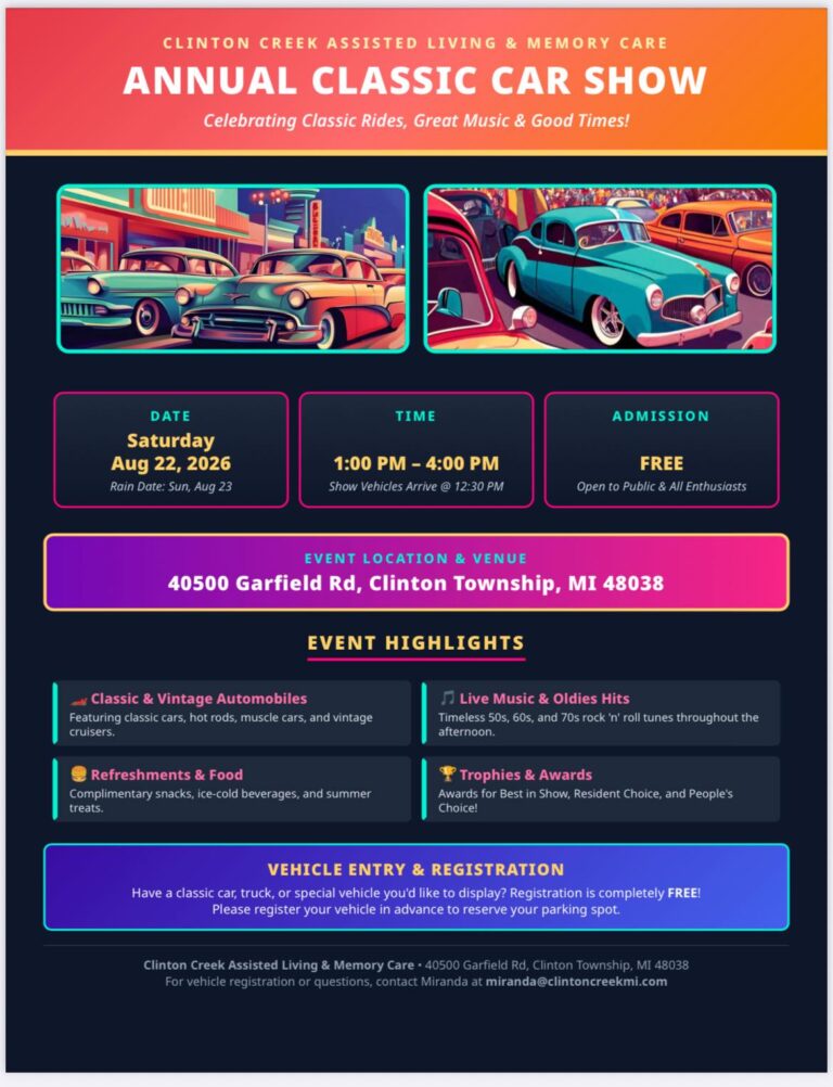 Flyer for Clinton Creek Assisted Living & Memory Care Annual Classic Car Show