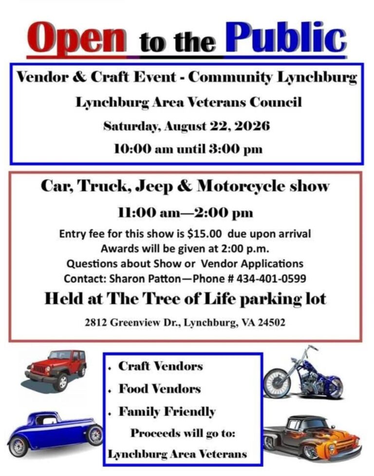 Flyer for Lynchburg Area Veterans Council Car, Truck, Jeep & Motorcycle Show