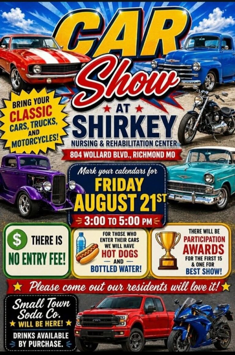 Flyer for Shirkey Nursing & Rehabilitation Center Car Show