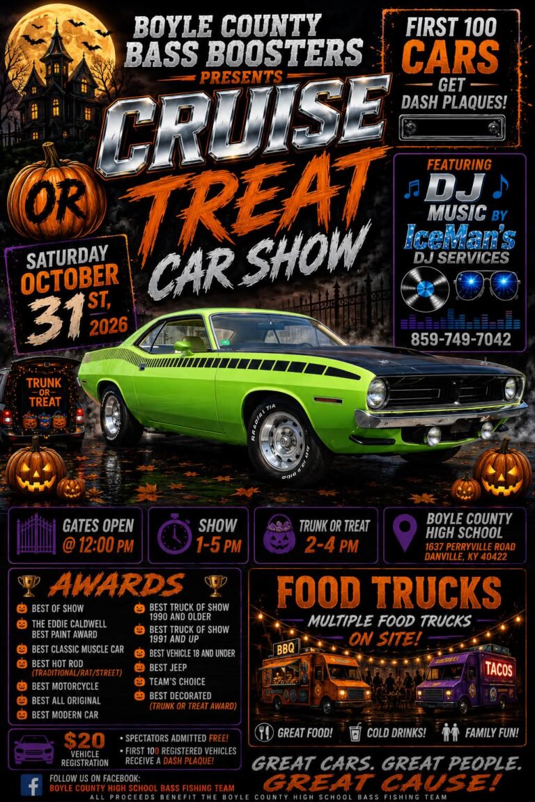 Flyer for Boyle County Bass Boosters Cruise or Treat Car Show