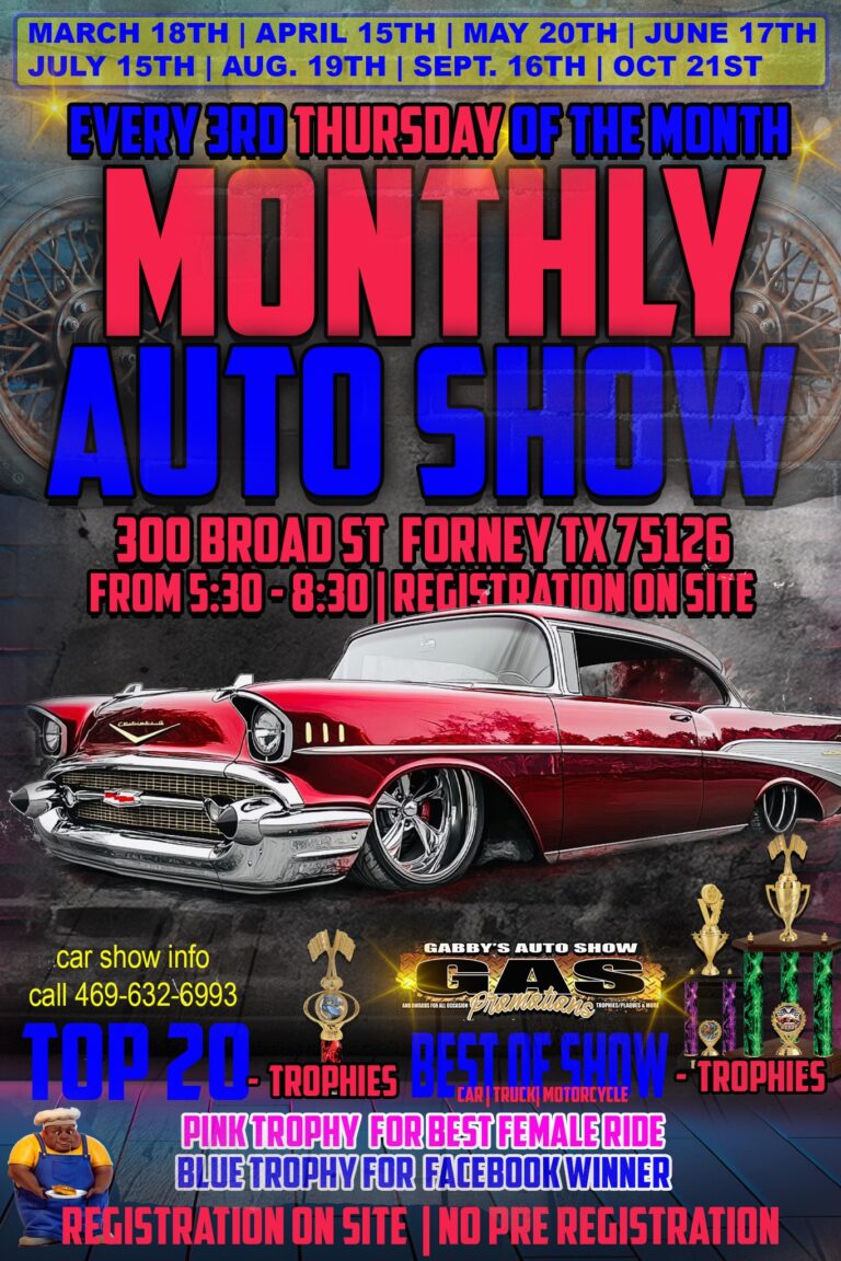 Flyer for Doe Belly’s Monthly Auto Show in Forney, TX