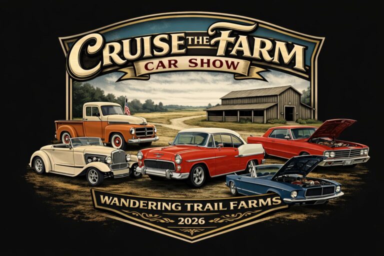 Flyer for Cruise the Farm Car Show at Wandering Trail Farms