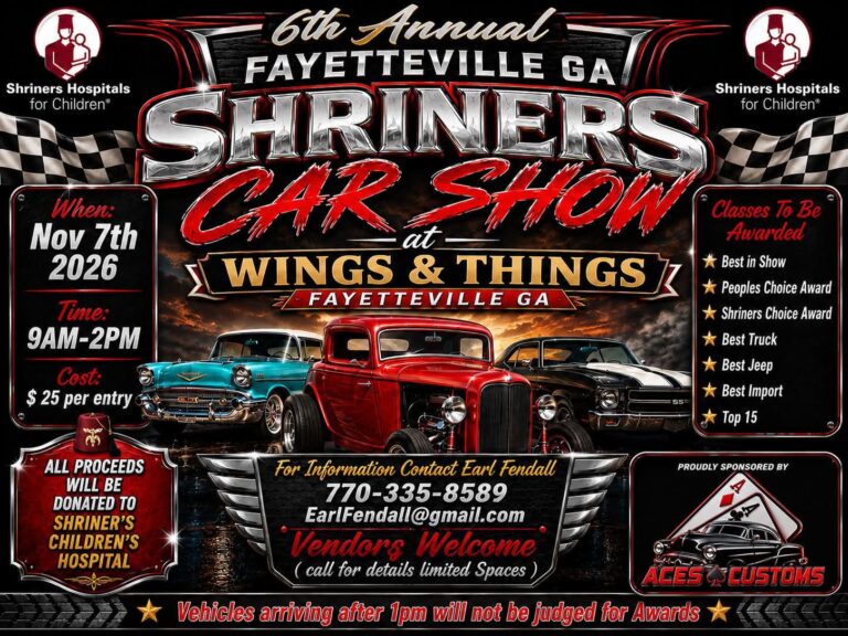Flyer for 6th Annual Fayetteville GA Shriners Car Show at Wings & Things
