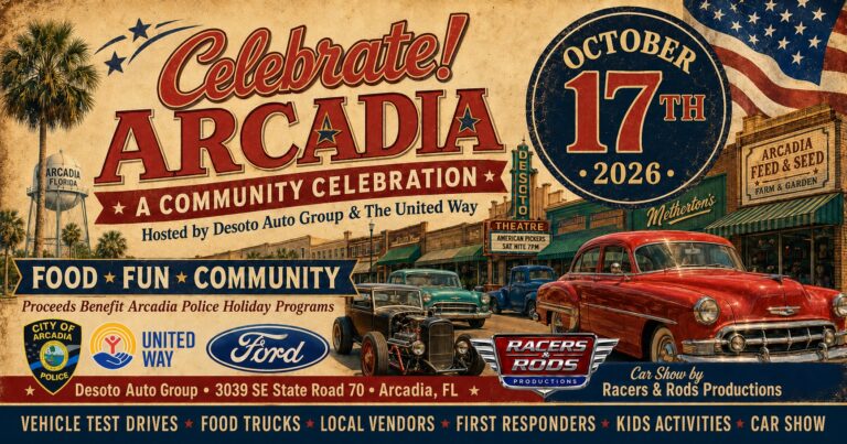 Flyer for Celebrate Arcadia! Community Event and Custom Car, Truck & Bike Show
