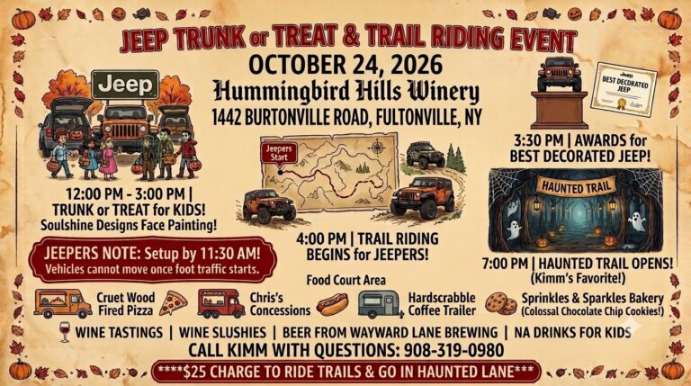 Flyer for Hummingbird Hills & ADK Jeepers Trunk or Treat and Haunted Lane