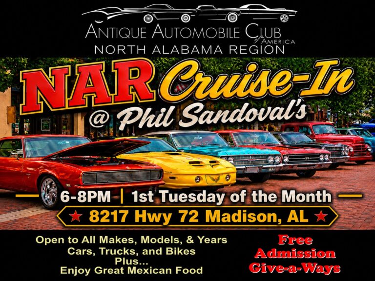 Flyer for AACA North Alabama Region Cruise-In at Phil Sandoval’s