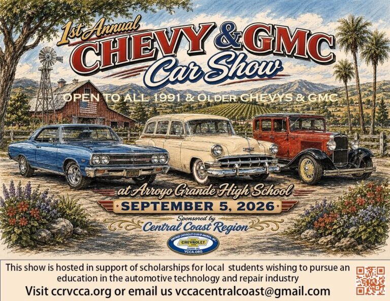 Flyer for Vintage Chevrolet Club of America Central Coast Region 1st Annual Chevy & GMC Car Show