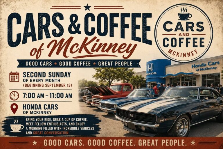 Flyer for Cars & Coffee of McKinney at Honda Cars of McKinney