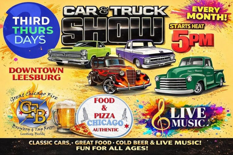 Flyer for Great Chicago Fire Brewery Third Thursdays Car & Truck Show