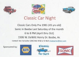Flyer for Classic Car Night @ Sonic in Beebe