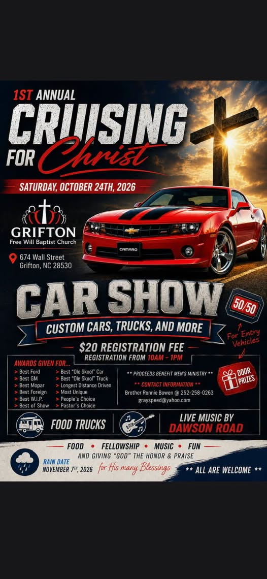 Flyer for Grifton Free Will Baptist Church Cruising for Christ Car Show