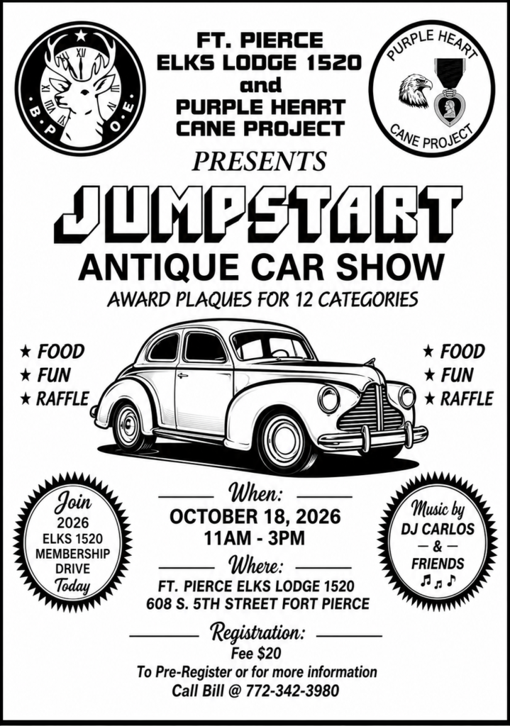 Flyer for Ft. Pierce Elks Lodge 1520 Jumpstart Antique Car Show