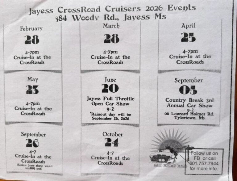 Flyer for Jayess CrossRoad Cruisers 2026 Events