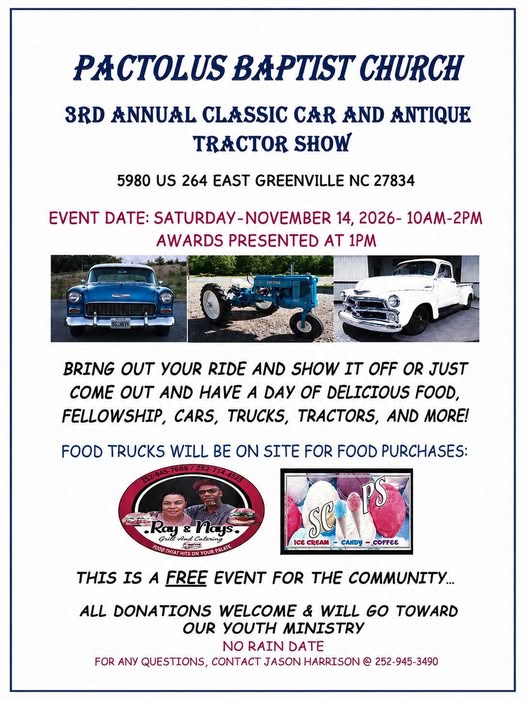 Flyer for Pactolus Baptist Church 3rd Annual Classic Car and Antique Tractor Show