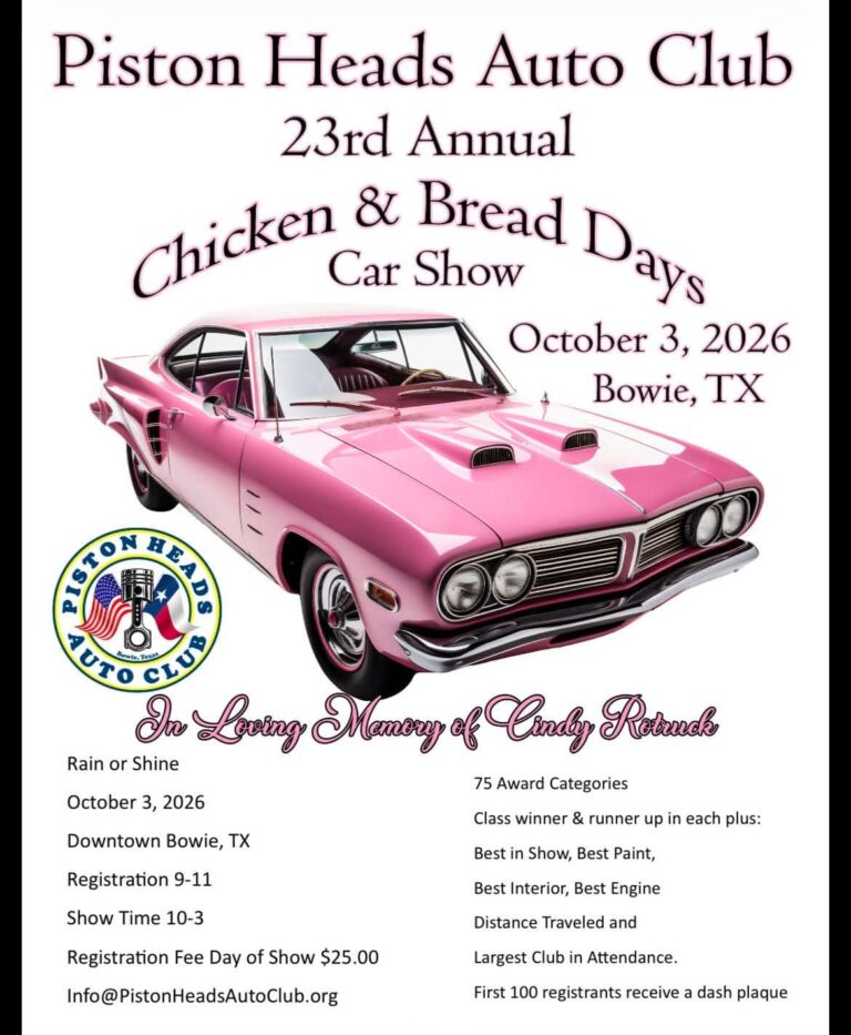 Flyer for Piston Heads Auto Club 23rd Annual Chicken & Bread Days Car Show