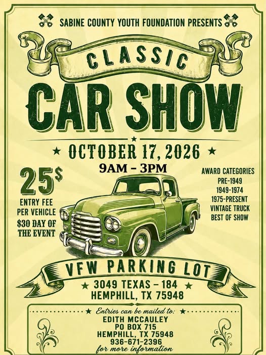 Flyer for Sabine County Youth Foundation Classic Car Show