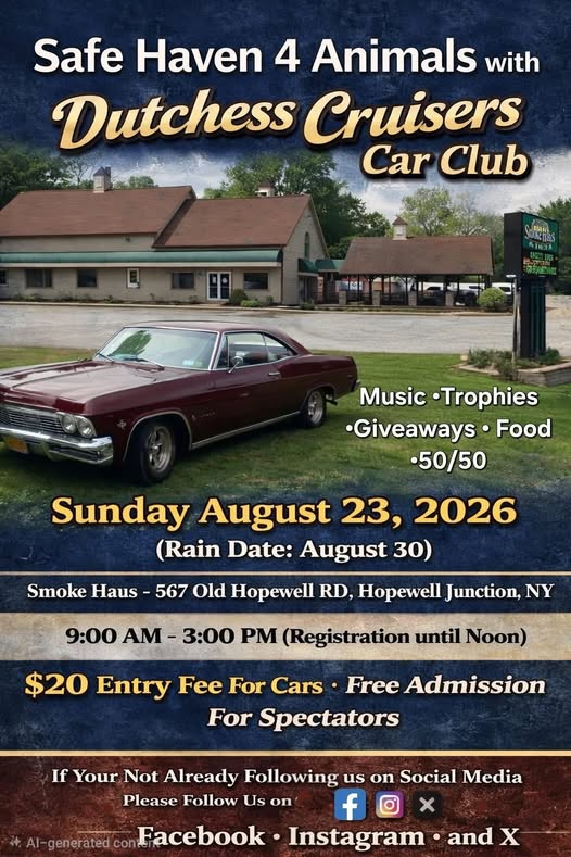 Flyer for Safe Haven 4 Animals with Dutchess Cruisers Car Club Car Show