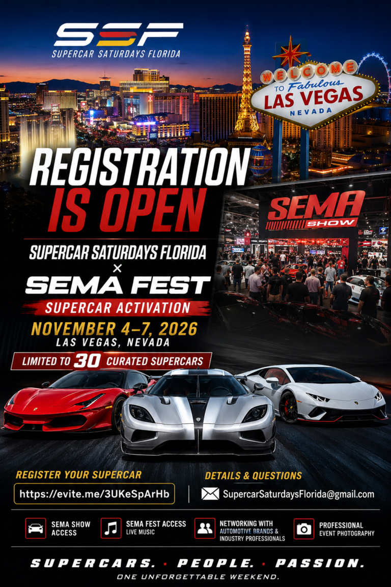 Flyer for Supercar Saturdays Florida Sema Fest Las Vegas Activation