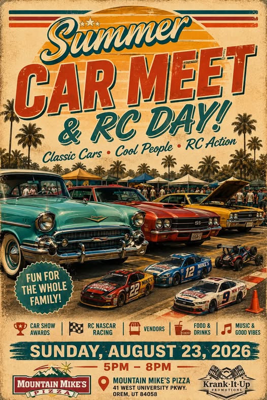 Flyer for Summer Car Meet & RC Day at Mountain Mike’s Pizza