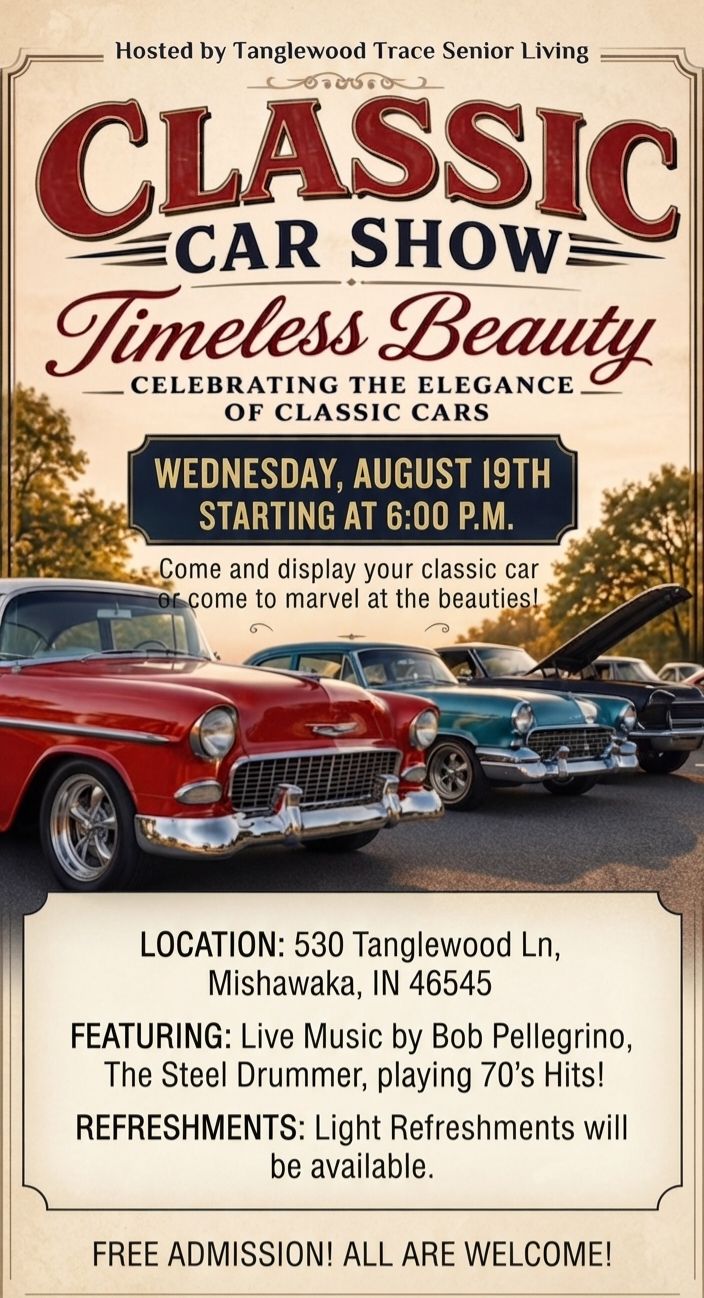 Flyer for Tanglewood Trace Senior Living Classic Car Show