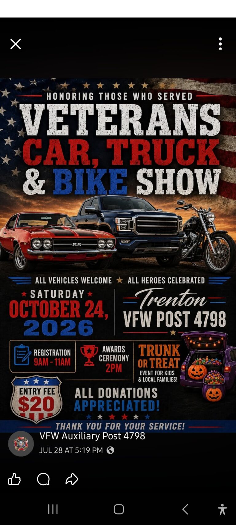 Flyer for VFW Post #4798 Trick or Trunk Car, Truck and Bike Show