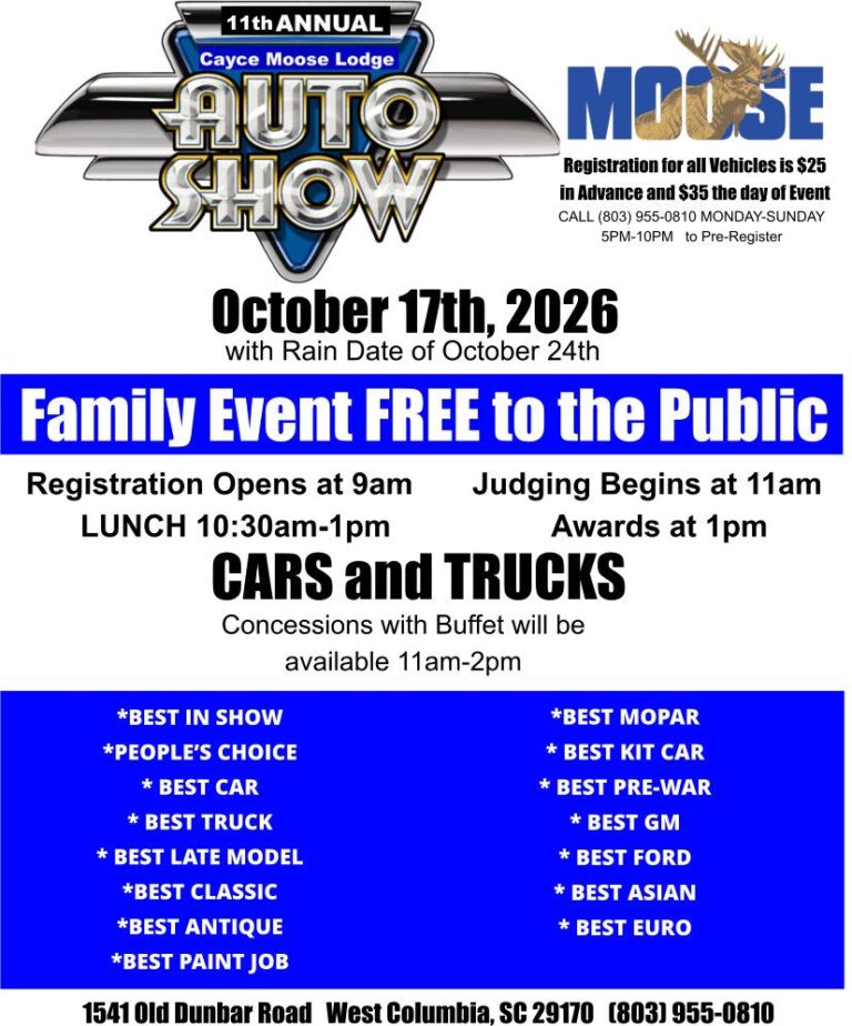 Flyer for 11th Annual Cayce Moose Lodge Auto Show