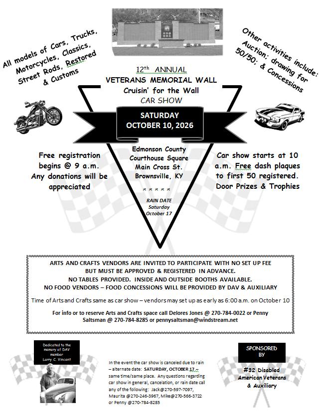 Flyer for 12th Annual Veterans Memorial Wall Cruisin’ for the Wall Car Show